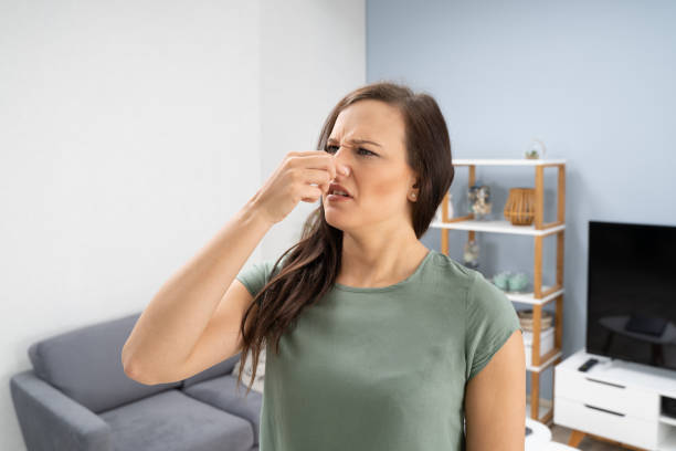 Woman Covering Her Nose From Bad Smell Inside The House