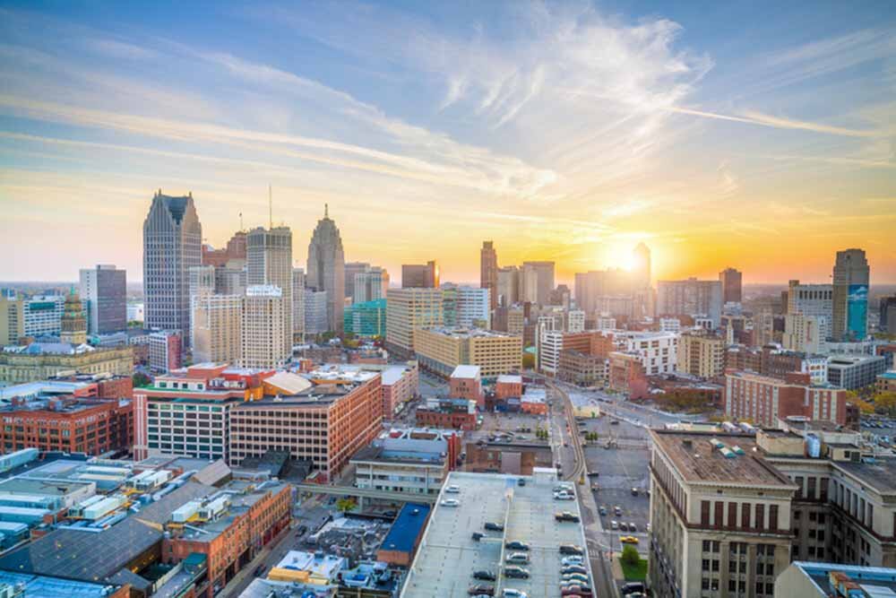 Aerial view of downtown Detroit at sunset in Michigan