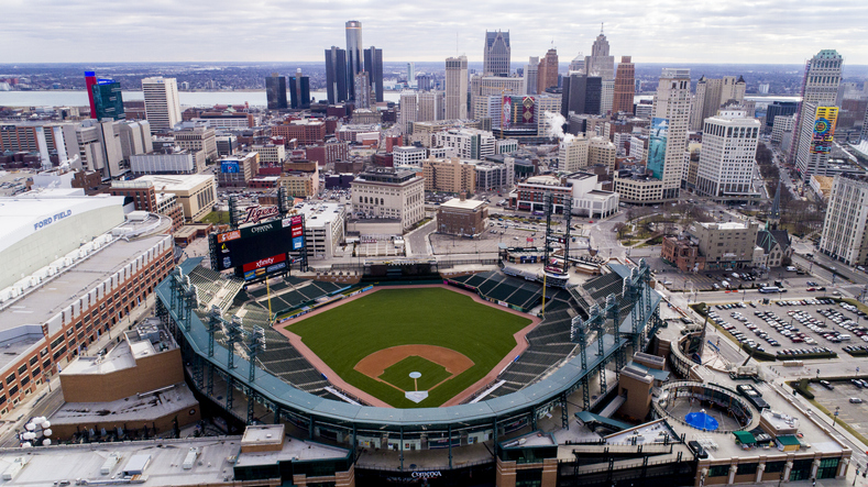 An aerial view of Comerica Park in Detroit, MI