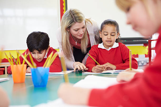 Female Teacher Helping Female Primary School Pupil With Writing Reading At Desk